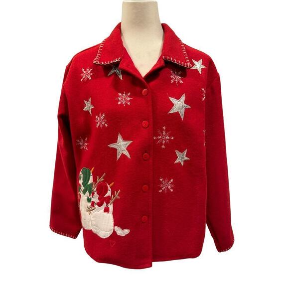 Take Two Red Appliqued Snowman Wool Blend Jacket - Size Large - Picture 1 of 8